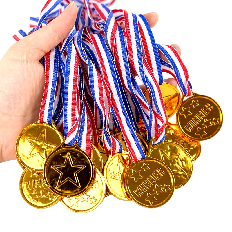 10Pcs Plastic Gold Winners Medals Trophy Children Game Sports Prize Awards Toys for Kids Birthday Party Favors Pinata Fillers