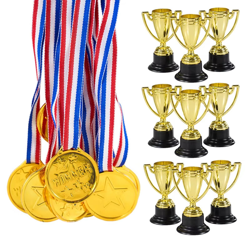 10Pcs Plastic Gold Winners Medals Trophy Children Game Sports Prize Awards Toys for Kids Birthday Party Favors Pinata Fillers